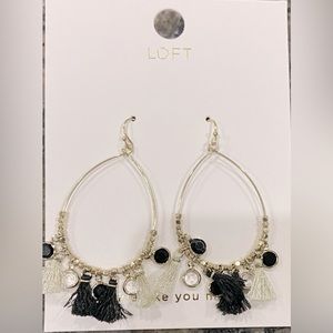 Loft NWT pierced gold tone hoop earrings with black white tassels & gold accents